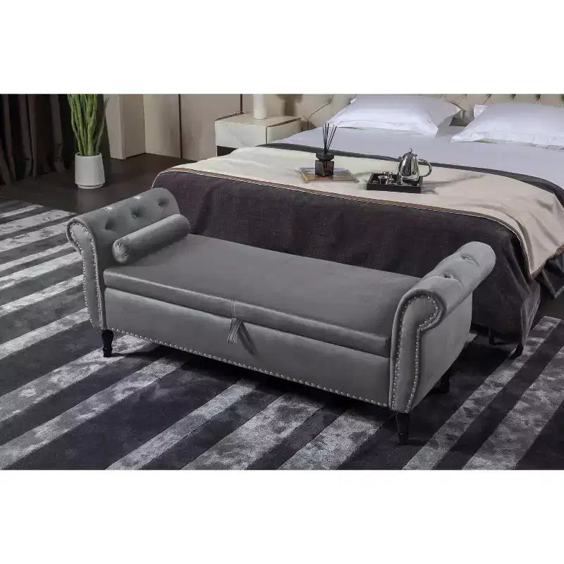 Banc de Rangement TUYOHW 63 avec Boutons Touffetés et Oreiller en Velours, Banc de Lit avec Pieds en Bois, Banc d'Entrée pour Salon, Chambre à Coucher
