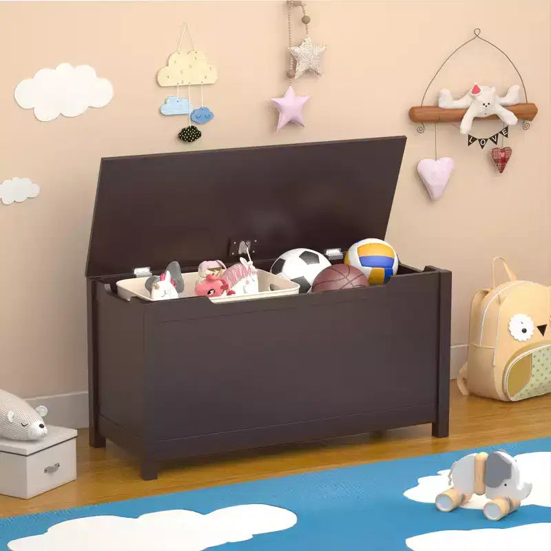 Coffre à jouets en bois pour enfants avec couvercle à charnière sécurisé, pour les 2 ans et plus (café)