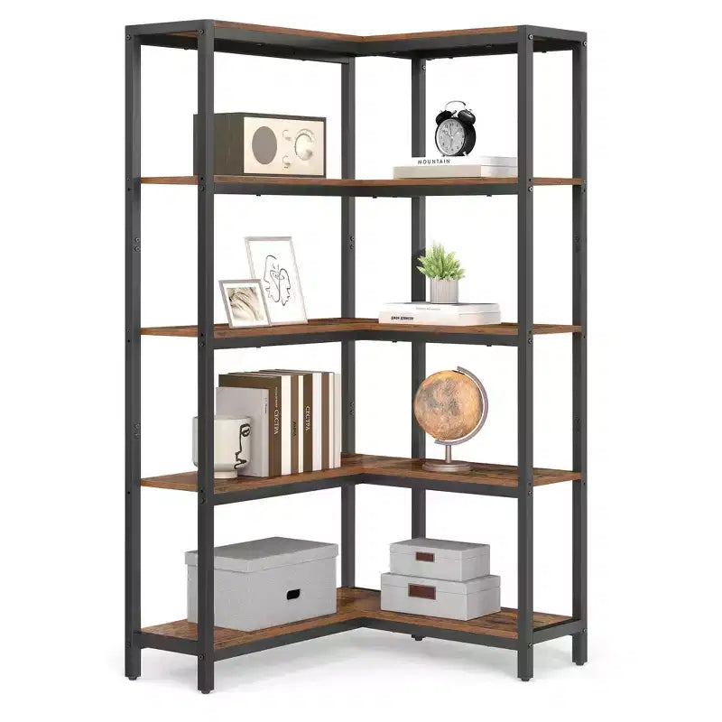 VASAGLE 5 Tier Bookshelf with Metal Frame, Convertible Industrial Corner Shelf, 9.4 x 40.2 x 55.9 Inches, Rustic Brown and Ink Black