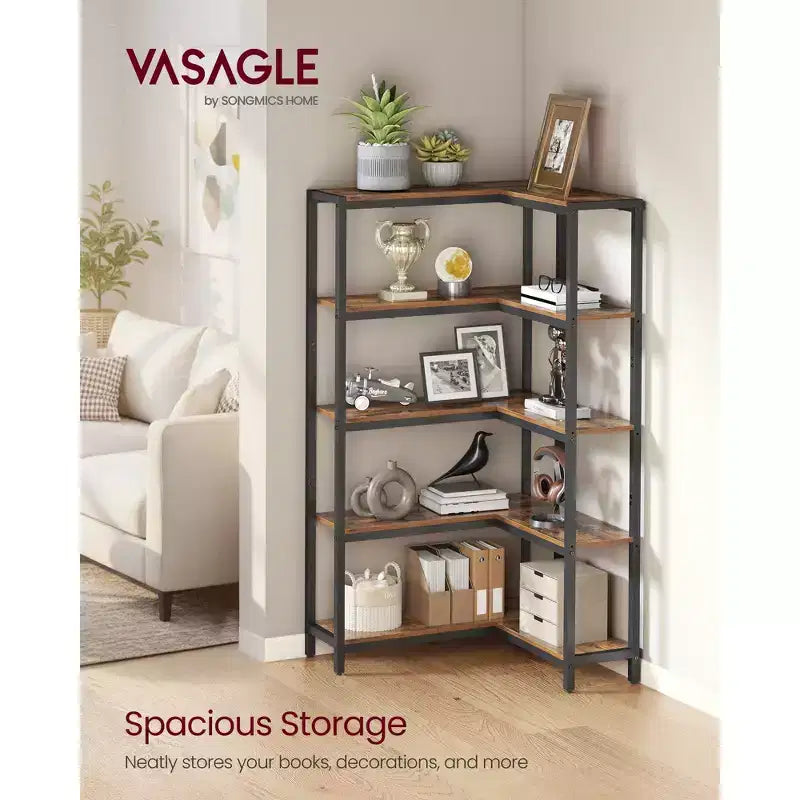 VASAGLE Étagère 5 niveaux avec cadre métallique, étagère d'angle industrielle convertible, 23,9 x 102,1 x 142 cm, marron rustique et noir encre