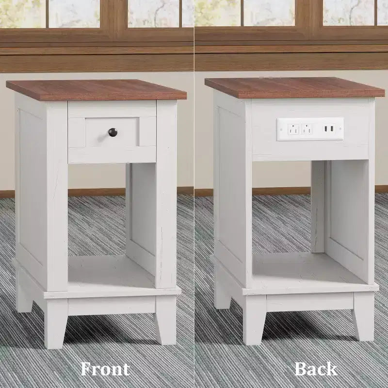 COZONY Lot de 2 tables d'appoint étroites, tables de chevet en bois de style ferme avec tiroir de rangement et étagère, pour salon et chambre à coucher