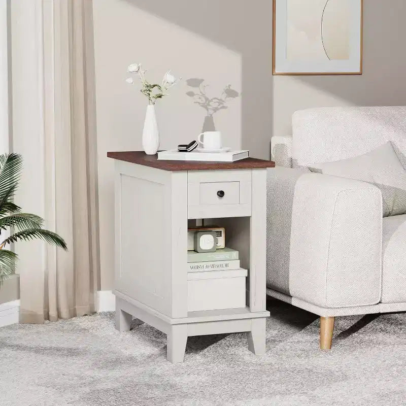 COZONY Lot de 2 tables d'appoint étroites, tables de chevet en bois de style ferme avec tiroir de rangement et étagère, pour salon et chambre à coucher