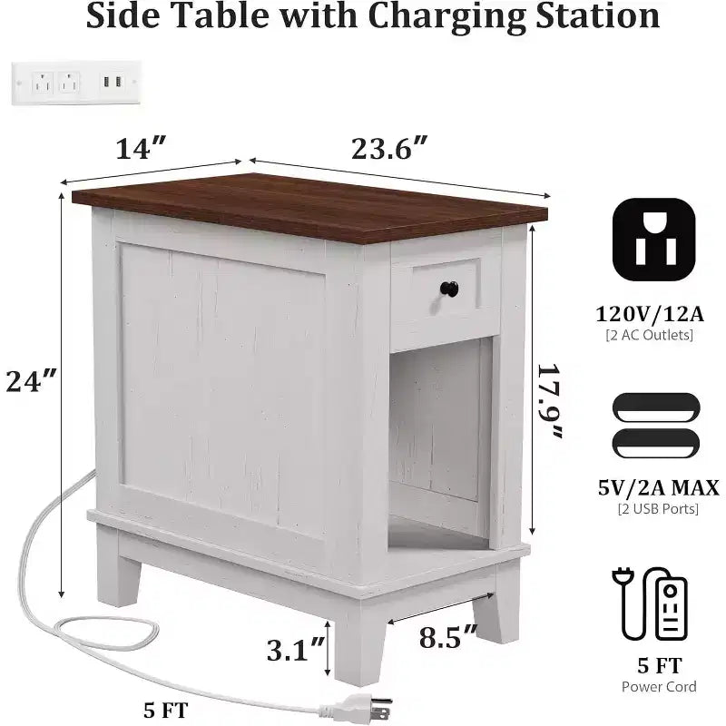 COZONY Lot de 2 tables d'appoint étroites, tables de chevet en bois de style ferme avec tiroir de rangement et étagère, pour salon et chambre à coucher