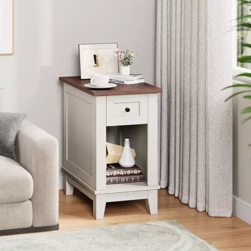 COZONY Lot de 2 tables d'appoint étroites, tables de chevet en bois de style ferme avec tiroir de rangement et étagère, pour salon et chambre à coucher