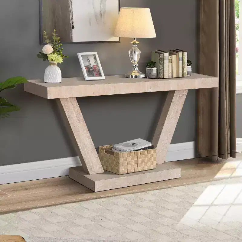 TUYOHW 60IN Table Console en Bois Vieilli Style Vintage avec Meuble de Rangement à 2 Niveaux en Bois Massif, Table d'Entrée avec Base Épaisse, Table de Couloir