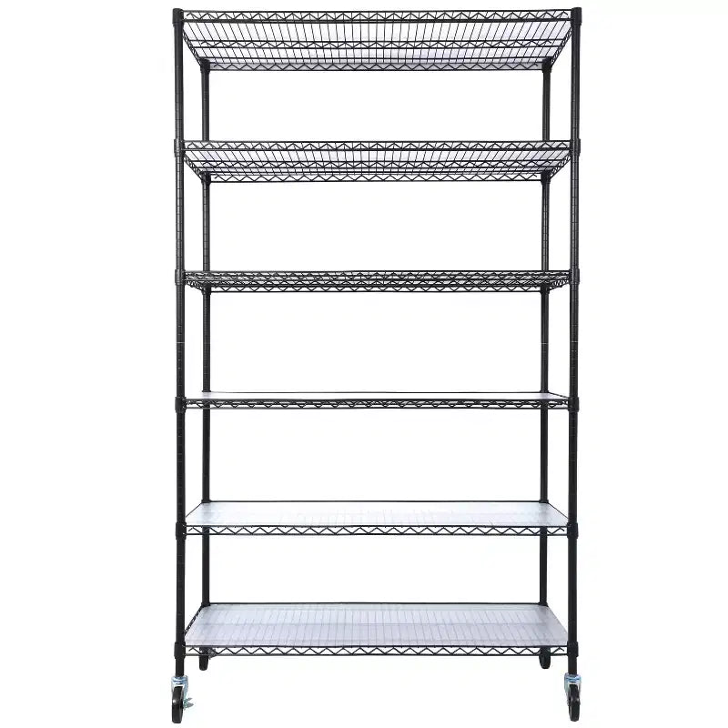 Étagère métallique VIYET à 6 niveaux, 6000 lb, certifiée NSF, robuste et réglable avec roulettes et tapis d'étagère (Noir, 84H48L20D)