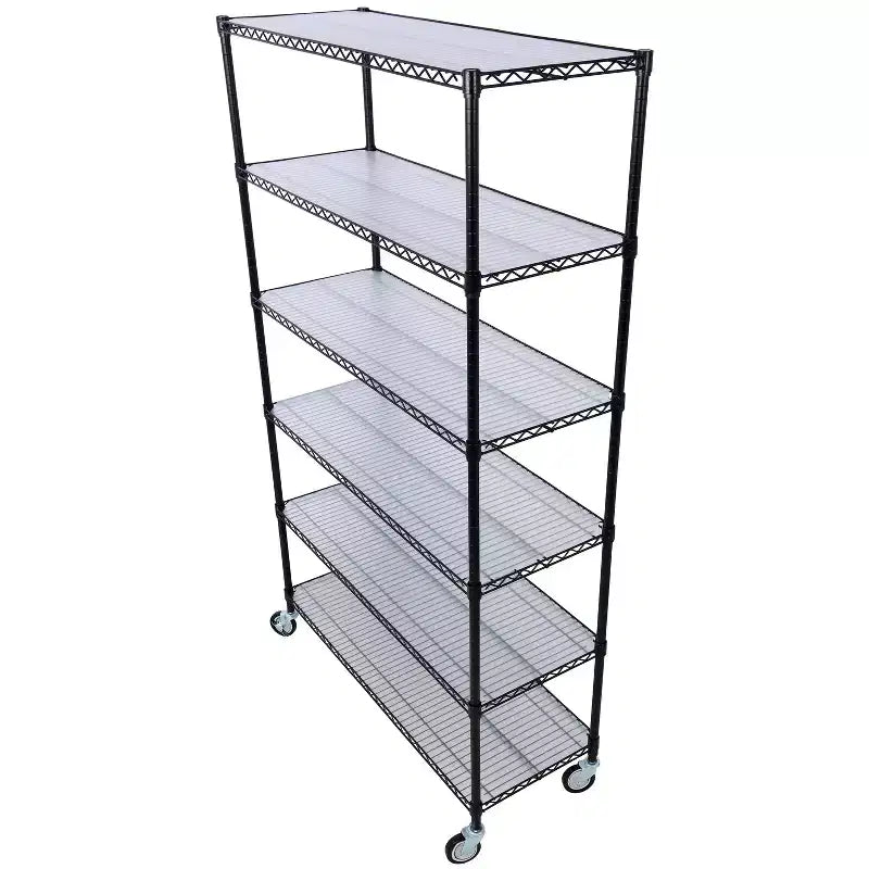 Étagère métallique VIYET à 6 niveaux, 6000 lb, certifiée NSF, robuste et réglable avec roulettes et tapis d'étagère (Noir, 84H48L20D)