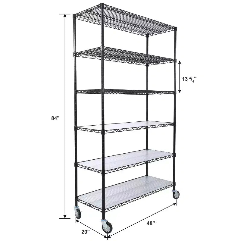 Étagère métallique VIYET à 6 niveaux, 6000 lb, certifiée NSF, robuste et réglable avec roulettes et tapis d'étagère (Noir, 84H48L20D)