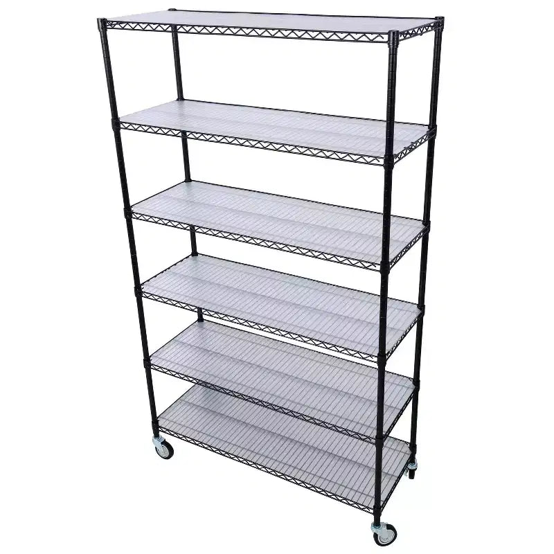 Étagère métallique VIYET à 6 niveaux, 6000 lb, certifiée NSF, robuste et réglable avec roulettes et tapis d'étagère (Noir, 84H48L20D)