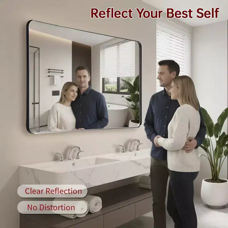 Miroir de salle de bain rectangulaire SUMERAIN, 40x36, grand miroir de courtoisie encadré en aluminium noir avec verre trempé