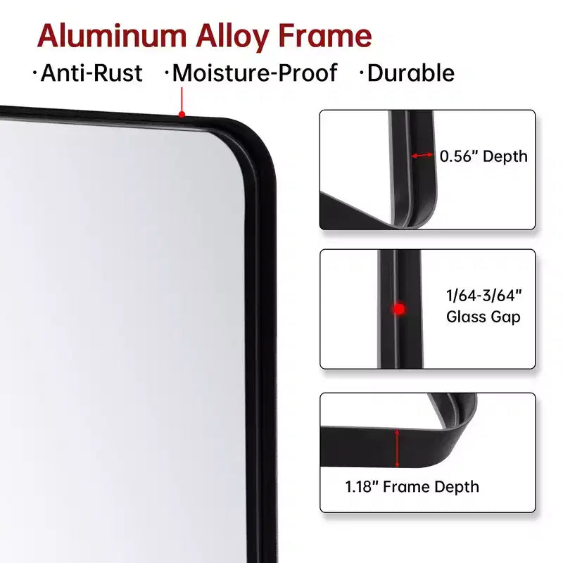 Miroir de salle de bain rectangulaire SUMERAIN, 40x36, grand miroir de courtoisie encadré en aluminium noir avec verre trempé