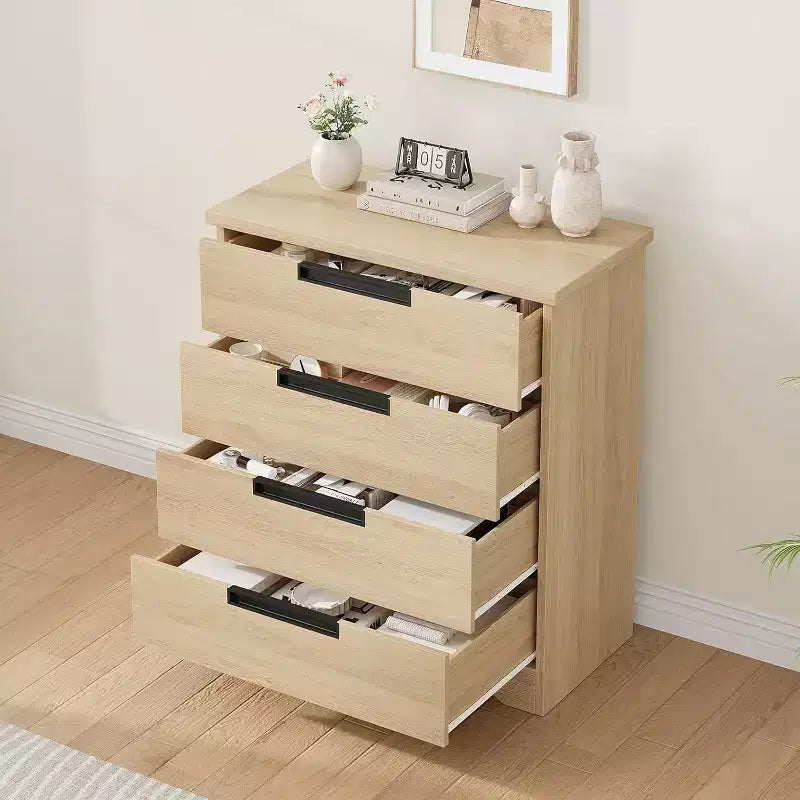 Commode à 4 tiroirs pour chambre à coucher, commode naturelle avec poignées encastrées, organisateur de commode en bois pour salon, chambre d'enfant, entrée