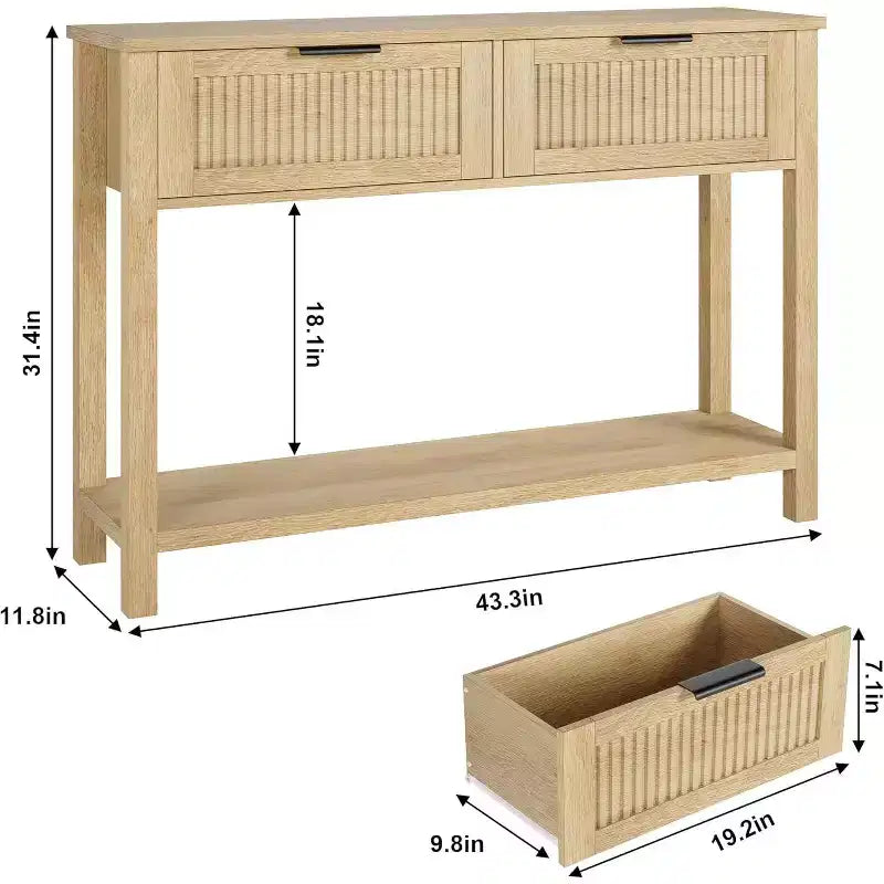 Table d'entrée cannelée avec 2 tiroirs, Console pour l'entrée, Table de canapé en bois pour le salon, le couloir, l'entrée, Burlywood