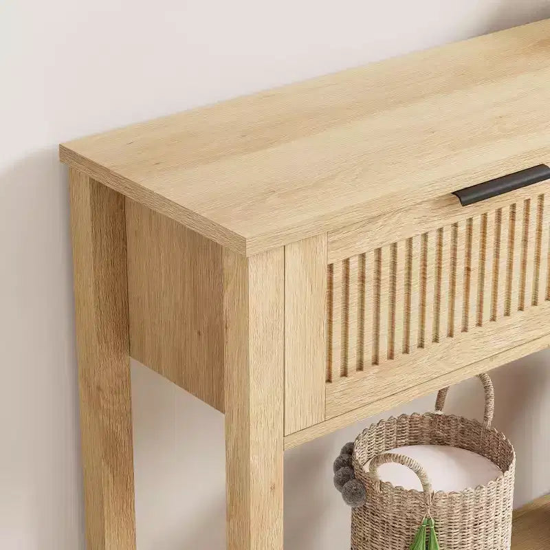Table d'entrée cannelée avec 2 tiroirs, Console pour l'entrée, Table de canapé en bois pour le salon, le couloir, l'entrée, Burlywood