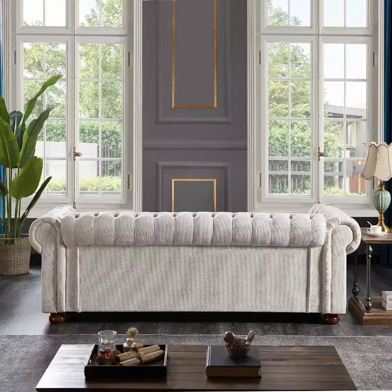 MAYEERTY Canapé en bois massif et métal avec tissu ligné, clous en bronze et pieds en bois massif pour salon ou bureau, beige