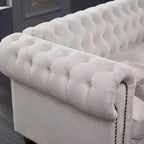 MAYEERTY Canapé en bois massif et métal avec tissu ligné, clous en bronze et pieds en bois massif pour salon ou bureau, beige