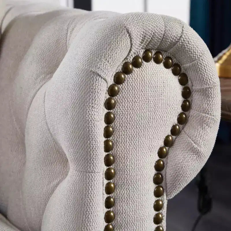 MAYEERTY Canapé en bois massif et métal avec tissu ligné, clous en bronze et pieds en bois massif pour salon ou bureau, beige