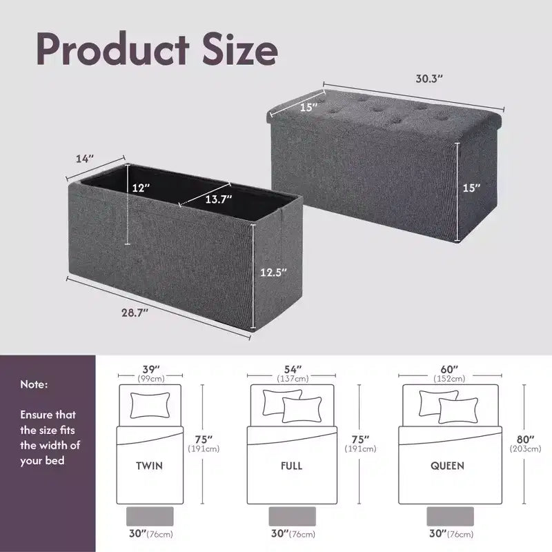 TUYOHW Banc de rangement pliable, en tissu de lin doux, banc repose-pieds de 30 pouces pour salon, capacité de 113 kg