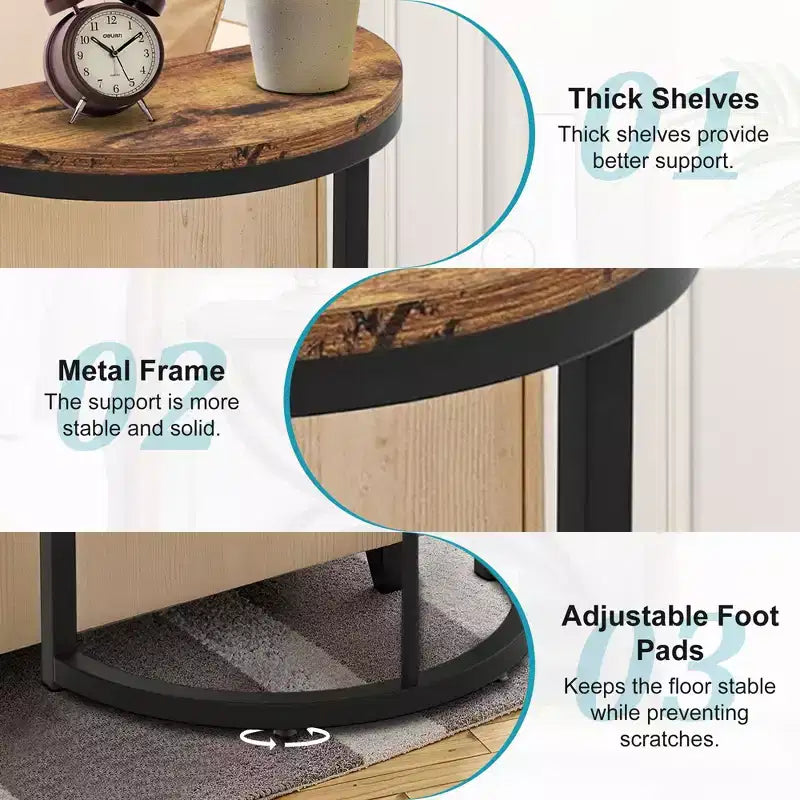 TUYOHW Table d'appoint demi-lune, petite table d'appoint minimaliste pour canapé et chevet, hauteur 60 cm, marron+noir