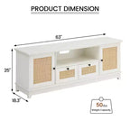 Meuble TV en rotin, meuble de divertissement moderne pour TV 65/70 pouces, meuble média blanc avec 2 tiroirs et 2 placards avec étagère réglable, pour salon
