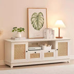 Meuble TV en rotin, meuble de divertissement moderne pour TV 65/70 pouces, meuble média blanc avec 2 tiroirs et 2 placards avec étagère réglable, pour salon