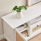 Meuble TV en rotin, meuble de divertissement moderne pour TV 65/70 pouces, meuble média blanc avec 2 tiroirs et 2 placards avec étagère réglable, pour salon