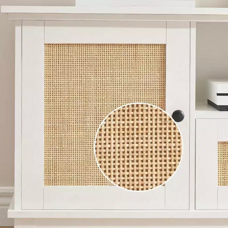 Meuble TV en rotin, meuble de divertissement moderne pour TV 65/70 pouces, meuble média blanc avec 2 tiroirs et 2 placards avec étagère réglable, pour salon