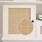 Meuble TV en rotin, meuble de divertissement moderne pour TV 65/70 pouces, meuble média blanc avec 2 tiroirs et 2 placards avec étagère réglable, pour salon