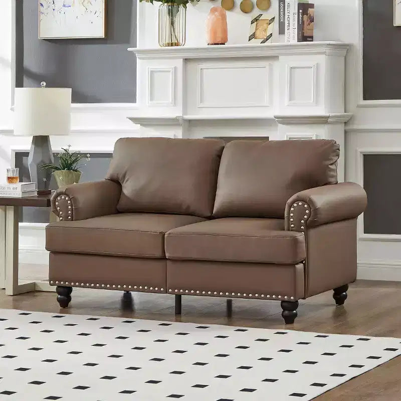MAYEERTY 59,5 Canapé causeuse classique moderne avec clous en cuir de vachette d'imitation pour salon, marron