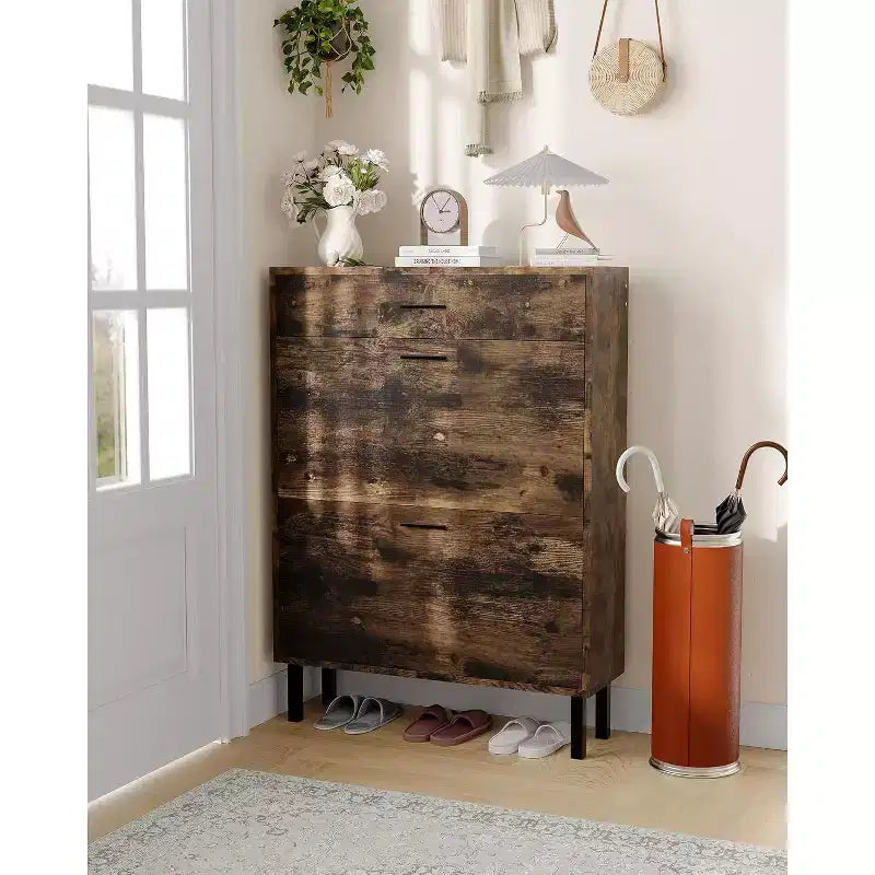 COZONY Space-Saving Narrow Shoe Cabinet for Entryway  Dual Turn Drawers Freestanding Shoe Organizer  3-Tier Adjustable Shelves  Mudroom Storage