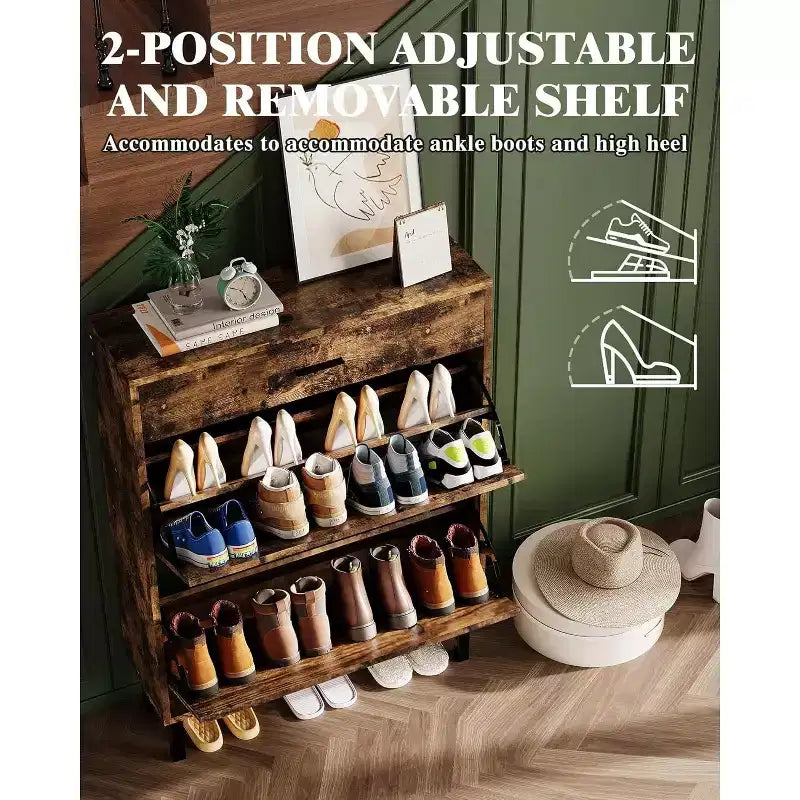 COZONY Meuble à chaussures étroit peu encombrant pour entrée, double tiroir pivotant, organisateur de chaussures autoportant, étagères réglables à 3 niveaux, rangement pour buanderie