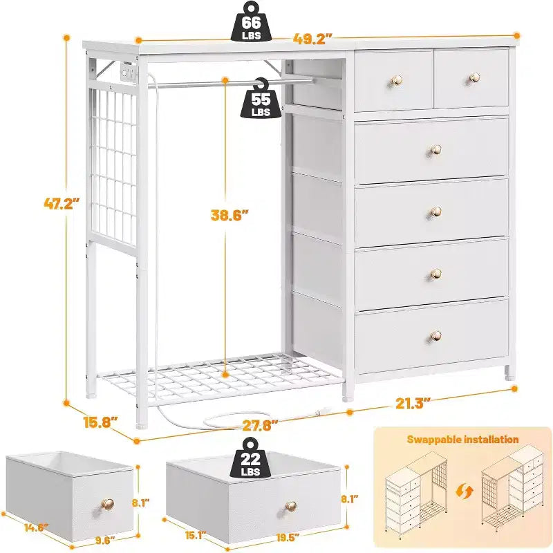 Commode à 6 tiroirs, Tour de rangement, Unité de rangement, Commode en tissu pour chambre à coucher, couloir, entrée, placards, Blanc