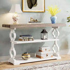 Lantine Table console de ferme de 55 pouces, longue table de canapé avec étagères de rangement à 3 niveaux pour couloir, entrée, salon, foyer, gris et blanc