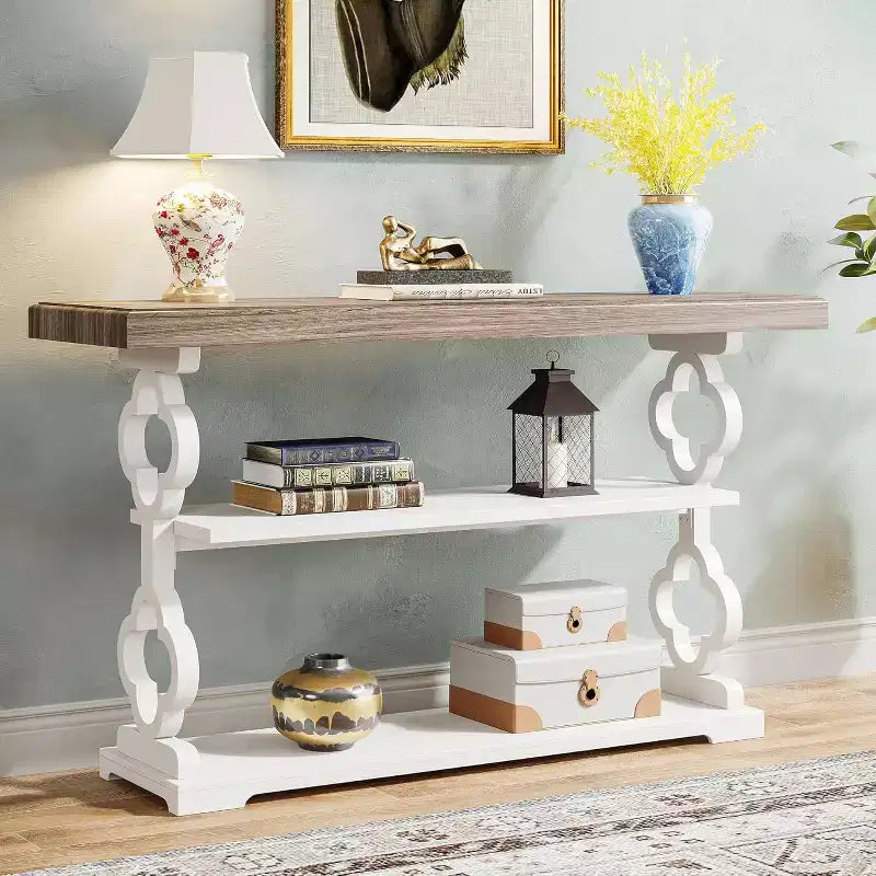 Lantine Table console de ferme de 55 pouces, longue table de canapé avec étagères de rangement à 3 niveaux pour couloir, entrée, salon, foyer, gris et blanc