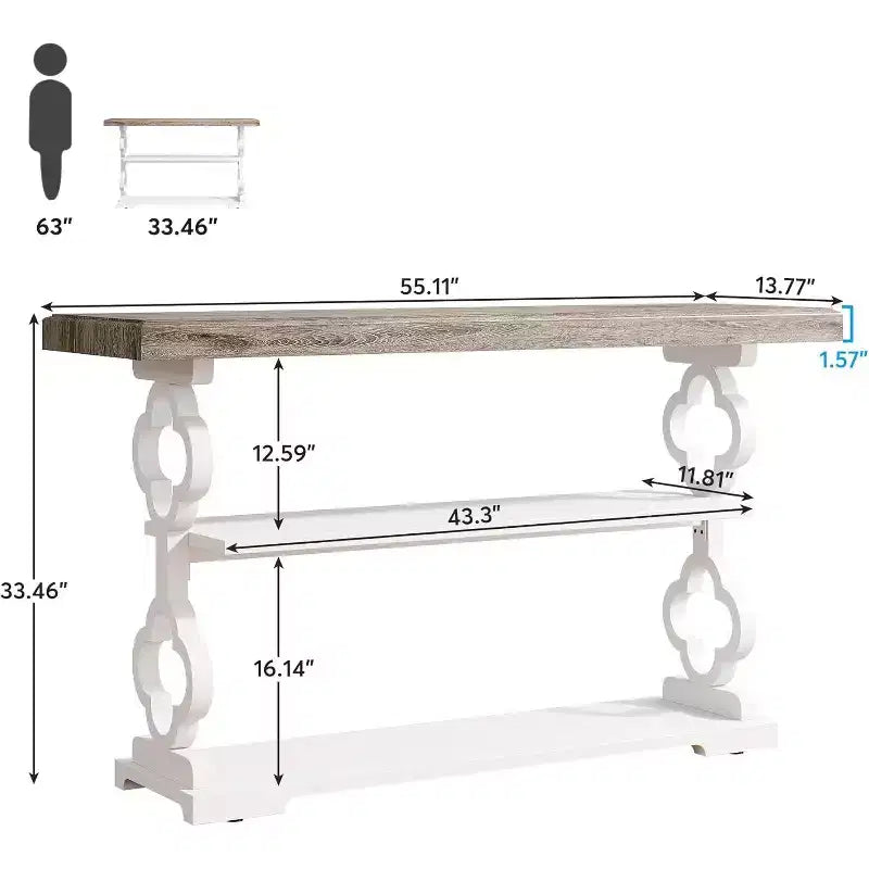 Lantine Table console de ferme de 55 pouces, longue table de canapé avec étagères de rangement à 3 niveaux pour couloir, entrée, salon, foyer, gris et blanc