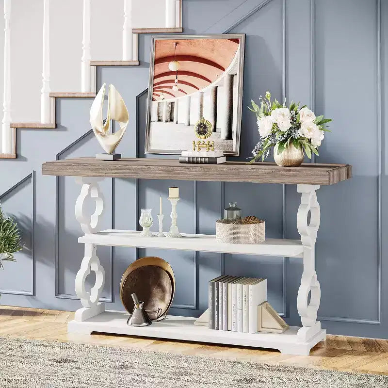 Lantine Table console de ferme de 55 pouces, longue table de canapé avec étagères de rangement à 3 niveaux pour couloir, entrée, salon, foyer, gris et blanc