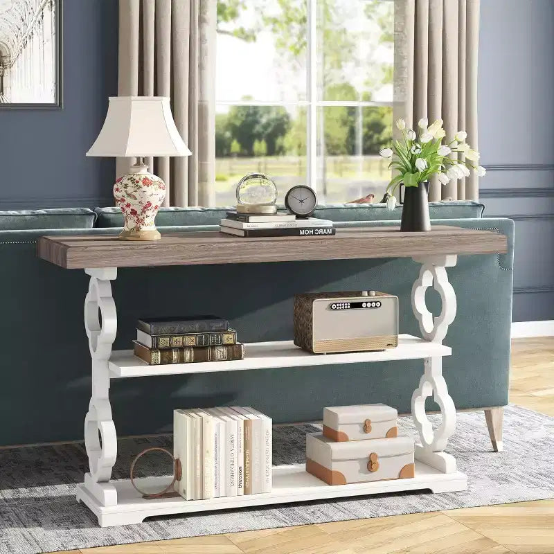 Lantine Table console de ferme de 55 pouces, longue table de canapé avec étagères de rangement à 3 niveaux pour couloir, entrée, salon, foyer, gris et blanc