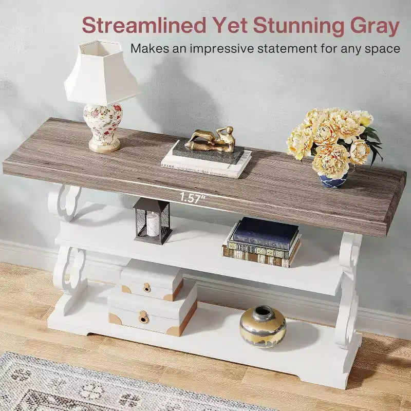 Lantine Table console de ferme de 55 pouces, longue table de canapé avec étagères de rangement à 3 niveaux pour couloir, entrée, salon, foyer, gris et blanc