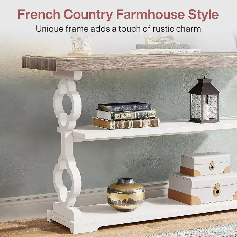 Lantine Table console de ferme de 55 pouces, longue table de canapé avec étagères de rangement à 3 niveaux pour couloir, entrée, salon, foyer, gris et blanc