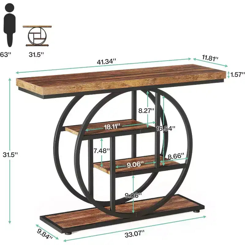 Console industrielle Lantine de 105 cm, table de canapé à 4 niveaux avec base circulaire et rangement pour salon, couloir, hall d'entrée