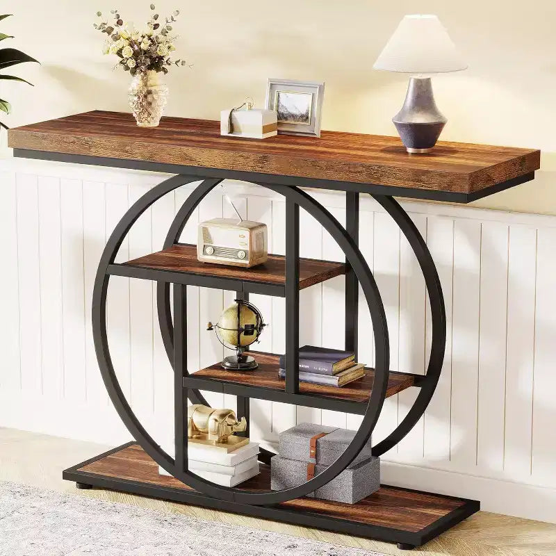 Console industrielle Lantine de 105 cm, table de canapé à 4 niveaux avec base circulaire et rangement pour salon, couloir, hall d'entrée