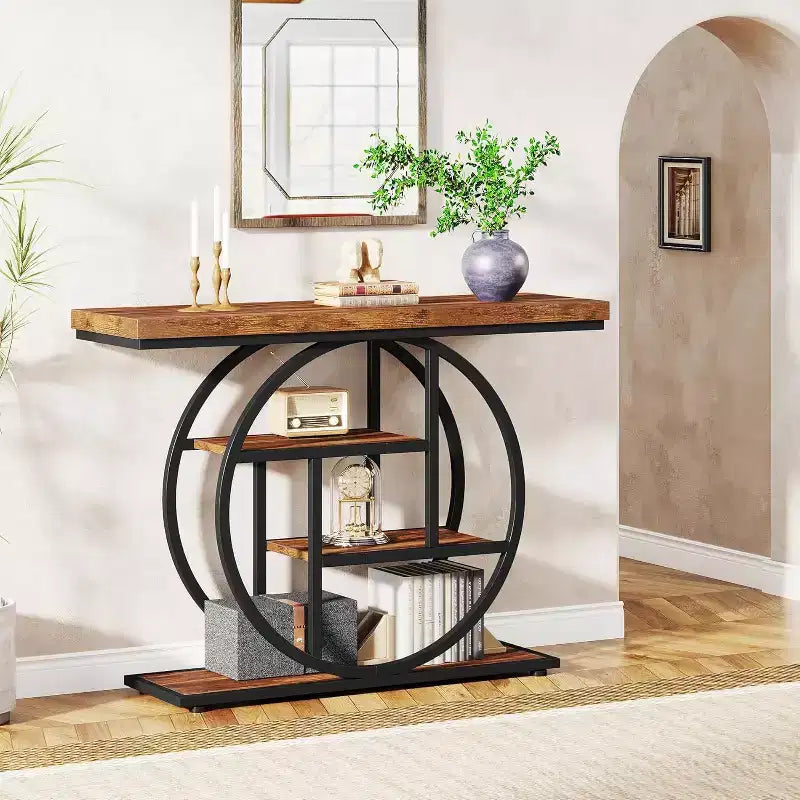 Console industrielle Lantine de 105 cm, table de canapé à 4 niveaux avec base circulaire et rangement pour salon, couloir, hall d'entrée