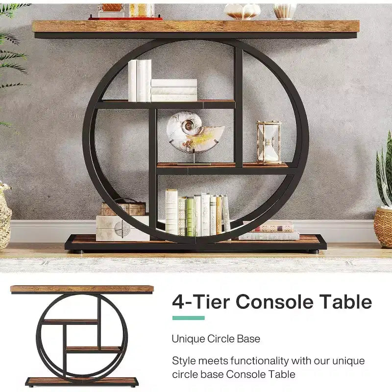 Console industrielle Lantine de 105 cm, table de canapé à 4 niveaux avec base circulaire et rangement pour salon, couloir, hall d'entrée