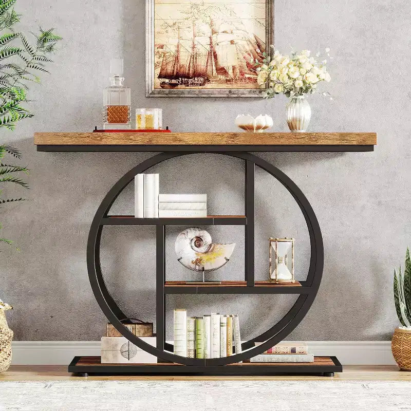 Console industrielle Lantine de 105 cm, table de canapé à 4 niveaux avec base circulaire et rangement pour salon, couloir, hall d'entrée