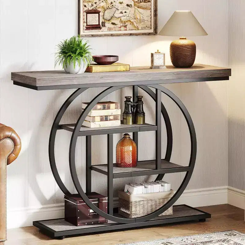 Console industrielle Lantine de 105 cm, table de canapé à 4 niveaux avec base circulaire et rangement pour salon, couloir, hall d'entrée