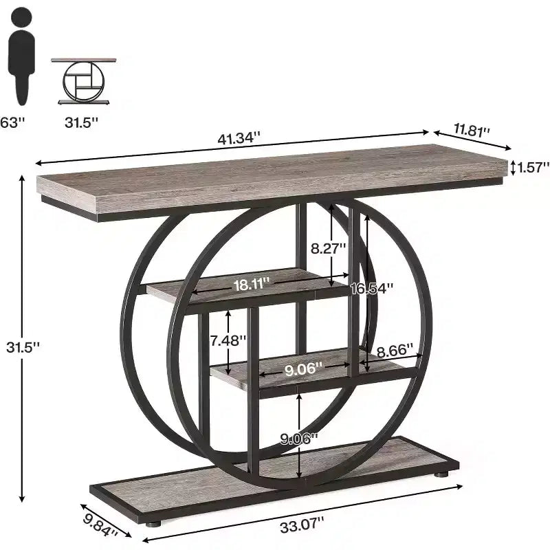 Console industrielle Lantine de 105 cm, table de canapé à 4 niveaux avec base circulaire et rangement pour salon, couloir, hall d'entrée