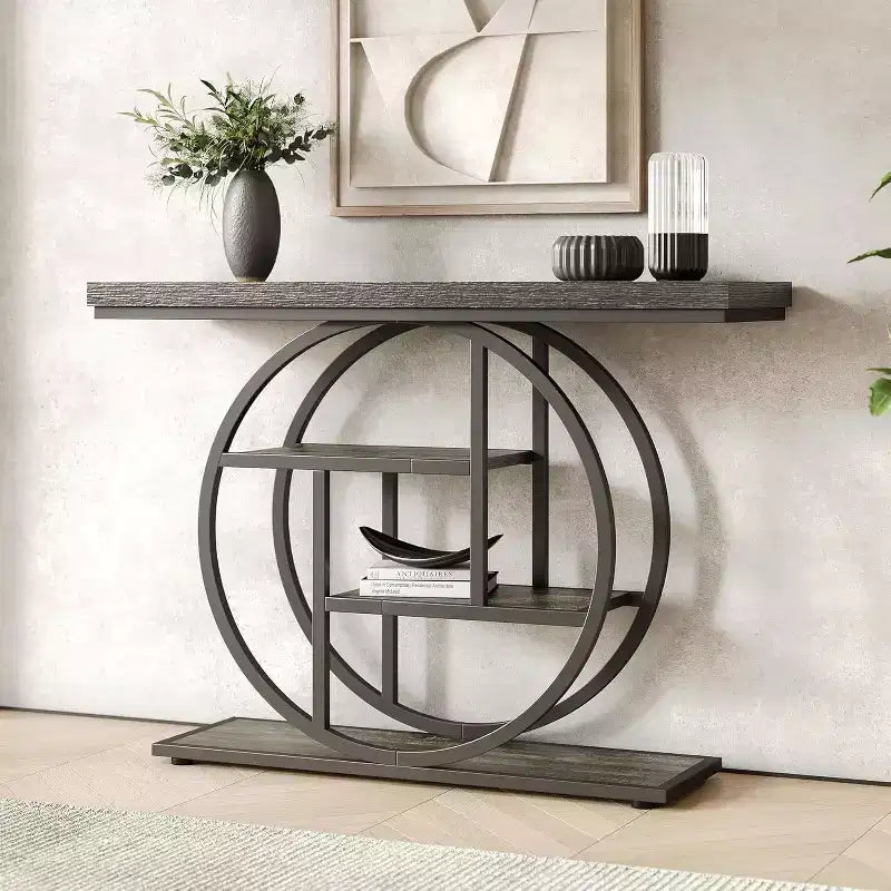 Console industrielle Lantine de 105 cm, table de canapé à 4 niveaux avec base circulaire et rangement pour salon, couloir, hall d'entrée