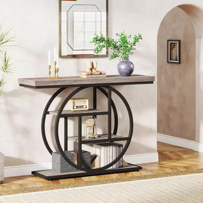 Console industrielle Lantine de 105 cm, table de canapé à 4 niveaux avec base circulaire et rangement pour salon, couloir, hall d'entrée