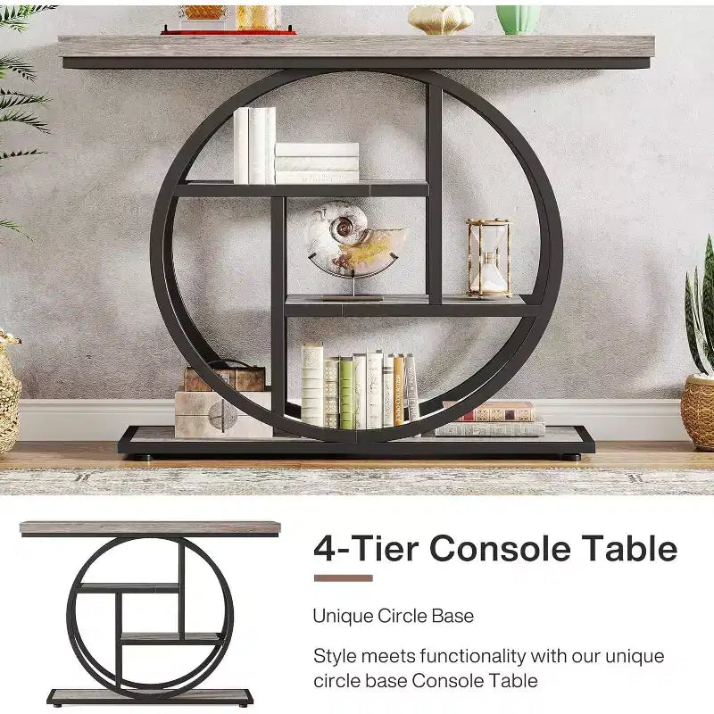 Console industrielle Lantine de 105 cm, table de canapé à 4 niveaux avec base circulaire et rangement pour salon, couloir, hall d'entrée