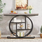 Console industrielle Lantine de 105 cm, table de canapé à 4 niveaux avec base circulaire et rangement pour salon, couloir, hall d'entrée